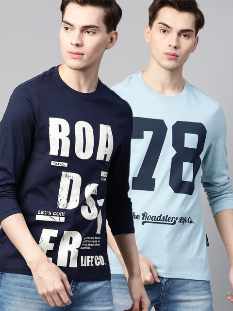 

Roadster Men Pack Of Two Pure Cotton Printed Round Neck T-shirt, Blue