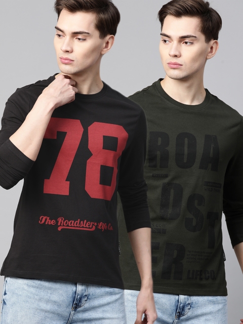 

Roadster Men Pack Of Two Pure Cotton Printed Round Neck T-shirt, Olive