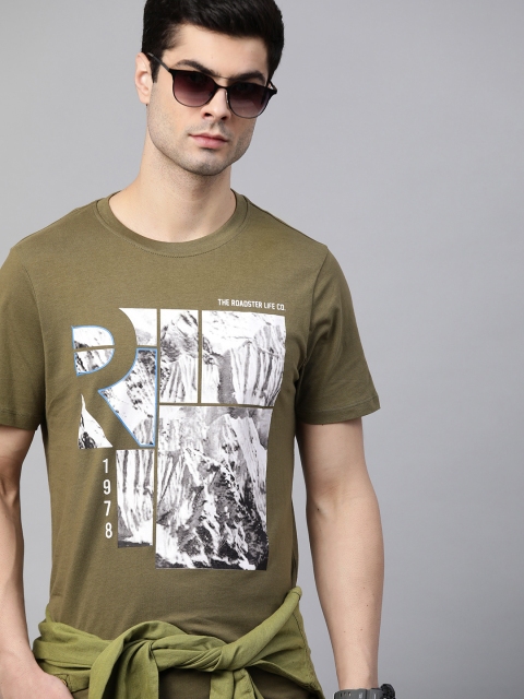 

Roadster Men Olive Brown White Printed Pure Cotton T-shirt