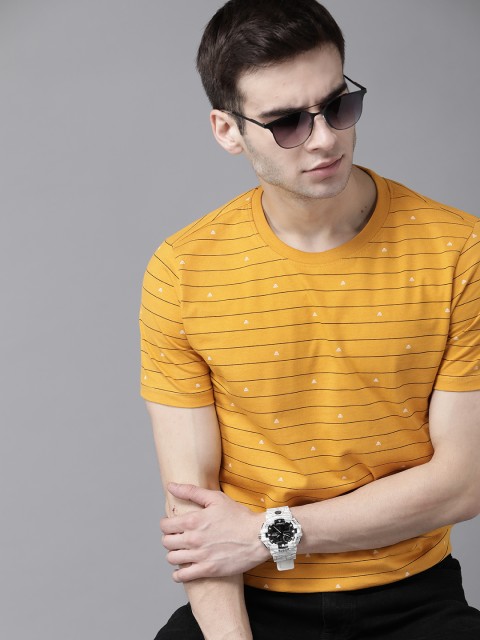 

Roadster Men Mustard Yellow & Black Striped Cotton T-shirt