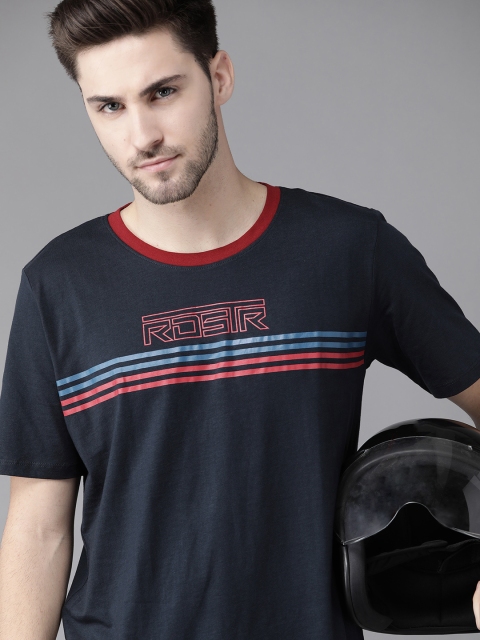 

Roadster Men Navy Blue & Red Cotton Striped T-shirt