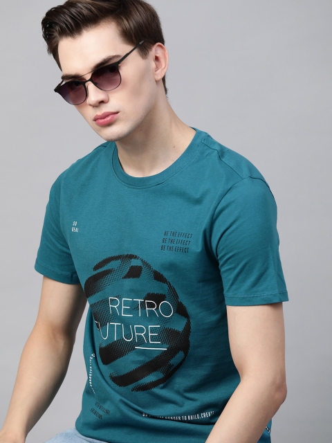 

Roadster Men Teal Blue Black Typography Printed Pure Cotton T-shirt