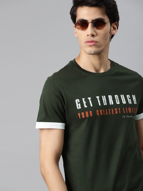 

Roadster Men Olive Green & White Pure Cotton Typography Print T-shirt