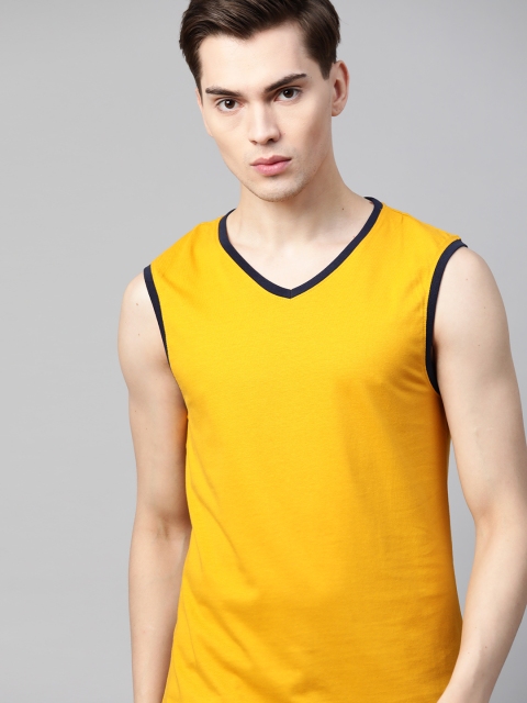 

Roadster Men Yellow Pure Cotton Solid V-Neck T-shirt