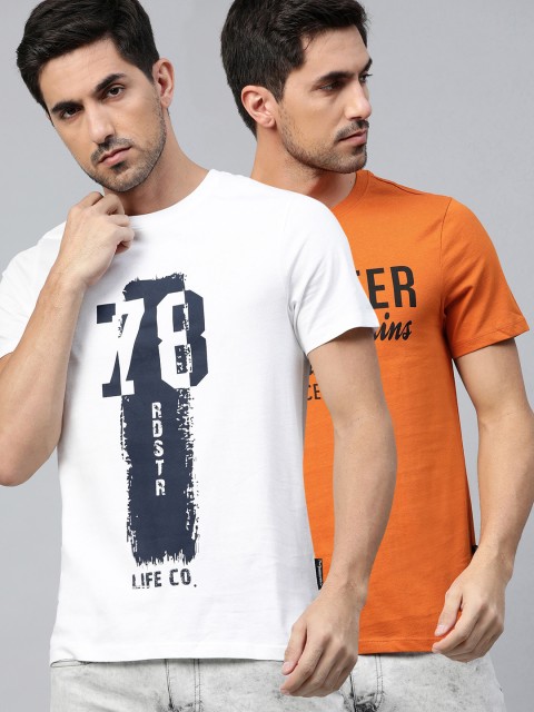 

Roadster Men Pack of 2 Pure Cotton Typography Print T-shirt, White