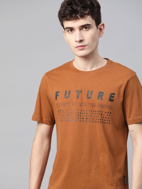 

Roadster Men Mustard Brown & Charcoal Grey Typography Printed Pure Cotton T-shirt