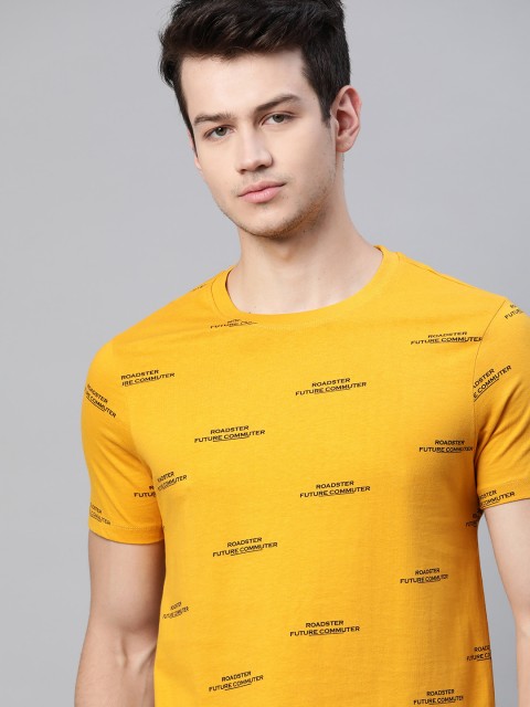 

Roadster Men Mustard Yellow & Black Pure Cotton Brand Logo Printed T-shirt