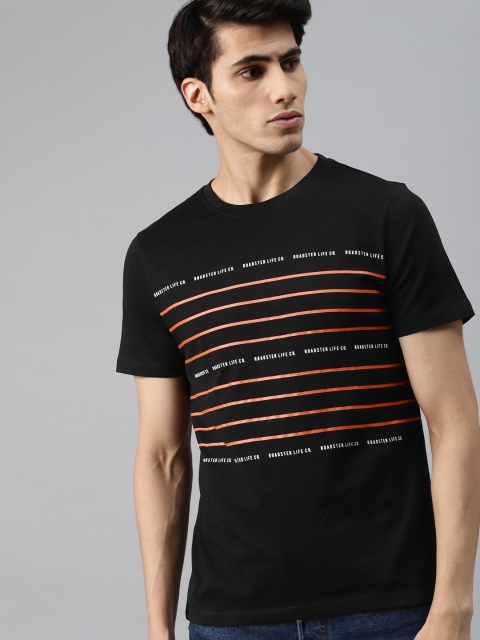 

Roadster Men Black & Orange Pure Cotton Striped T-shirt