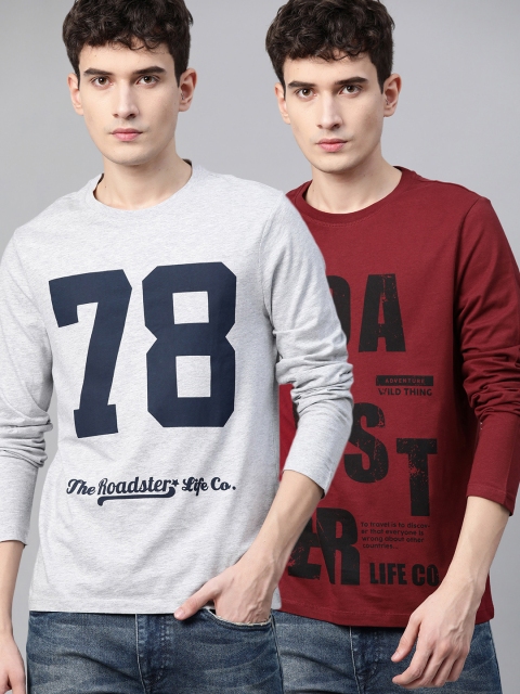 

Roadster Men Pack Of 2 Typography Printed Pure Cotton T-shirt, Grey