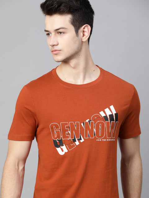 

Roadster Men Rust Orange Typography Printed Pure Cotton T-shirt