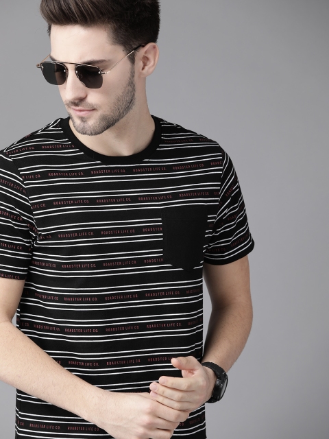

The Roadster Lifestyle Co Men Black White Striped Pure Cotton T-shirt