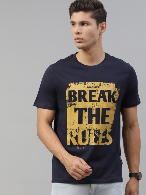 

Roadster Men Navy Blue & Mustard Yellow Pure Cotton Printed T-shirt