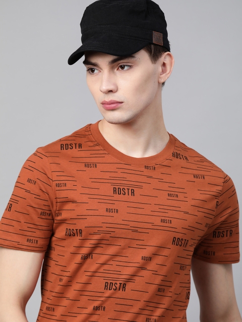 

Roadster Men Rust Red & Black Brand Logo Printed Pure Cotton T-shirt