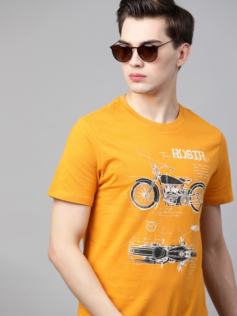 

Roadster Men Mustard Yellow Black Biker Printed Pure Cotton T-shirt