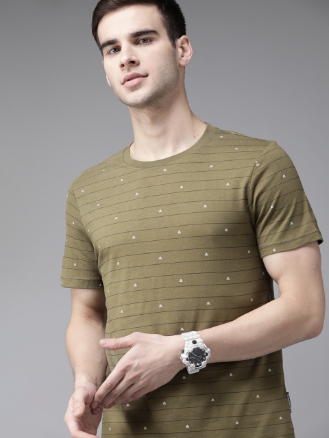 

Roadster Men Olive Green Black Pure Cotton Striped Pure Cotton T-shirt