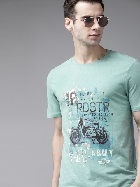 

Roadster Men Sea Green & Charcoal Grey Biker Print Cotton T-shirt