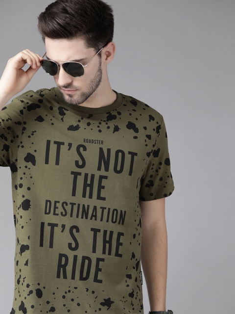 

Roadster Men Olive Green Black Biker Printed Pure Cotton T-shirt