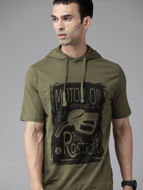 

Roadster Men Olive Green & Black Cotton Printed Hooded T-shirt