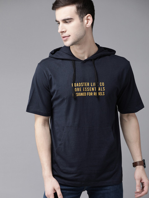 

Roadster Men Navy Blue Pure Cotton Printed Hooded Pure Cotton T-shirt