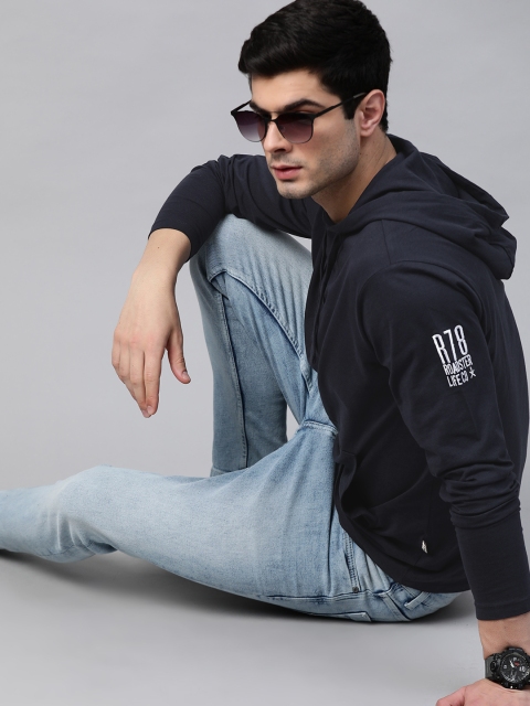 

Roadster Men Navy Blue Pure Cotton Hooded T-shirt