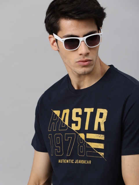 

Roadster Men Navy Blue & Yellow Pure Cotton Brand Logo Printed T-shirt