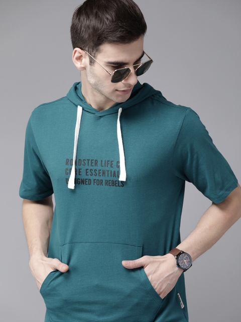 

Roadster Men Teal Blue & Black Typography Printed Cotton Hooded T-shirt