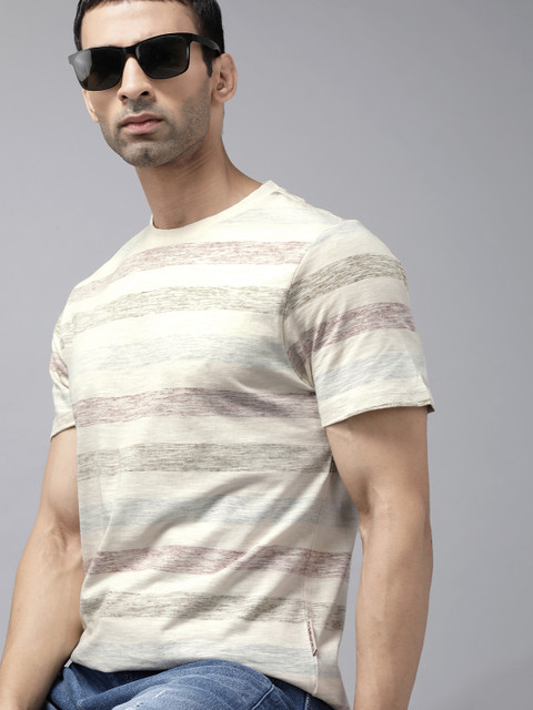 

Roadster Men Cream-Coloured Grey Striped Pure Cotton T-shirt