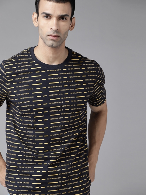

Roadster Men Black Yellow Brand Logo Print Pure Cotton T-shirt