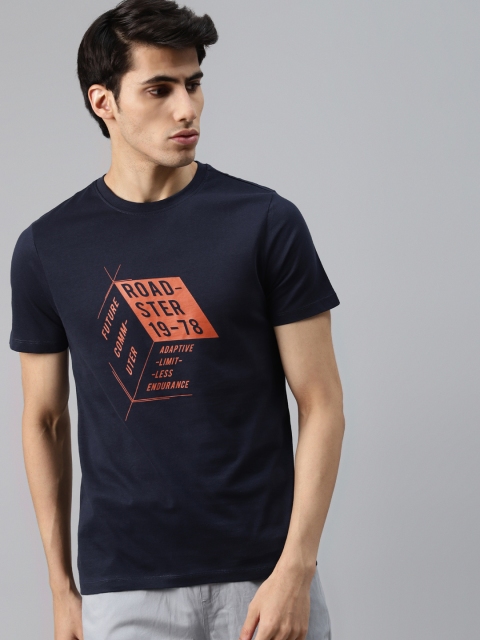 

Roadster Men Navy Blue Typography Printed Pure Cotton T-shirt