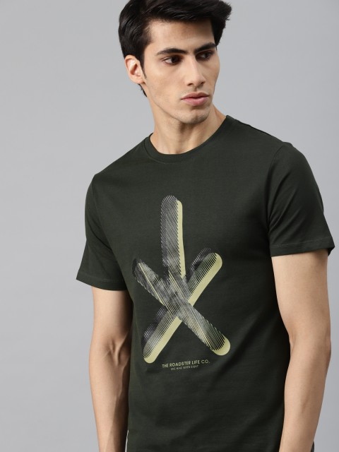 

Roadster Men Green & Black Pure Cotton Brand Logo Printed T-shirt