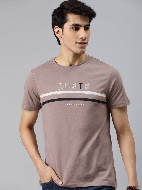 

Roadster Men Mauve Pure Cotton Brand Logo Striped Pure Cotton T-shirt