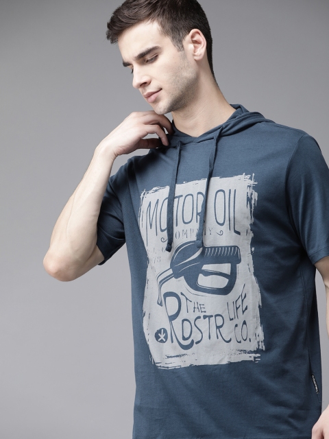 

Roadster Men Navy Blue & Grey Biker Print Cotton T-shirt