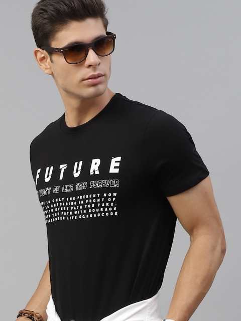 

Roadster Men Black White Typography Printed Pure Cotton T-shirt