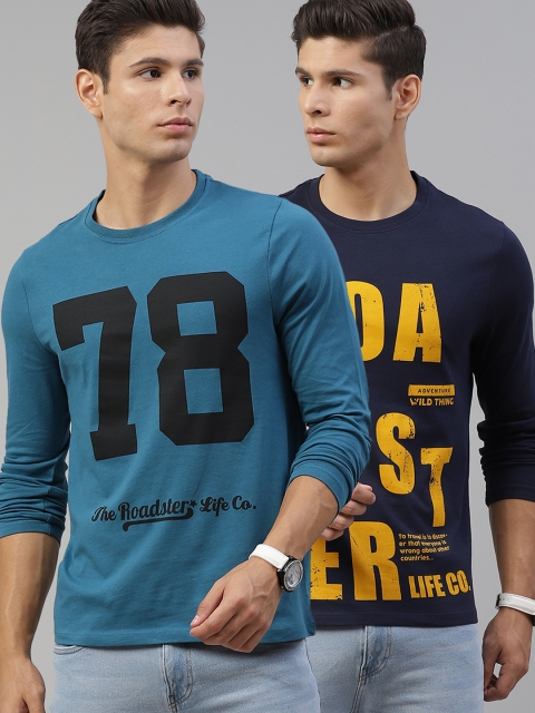 

Roadster Men Pack Of 2 Typography Printed Pure Cotton T-shirt, Blue