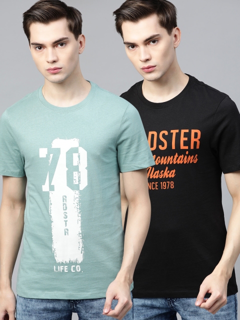 

Roadster Men Pack Of 2 Brand Logo Printed Cotton T-shirt, Sea green