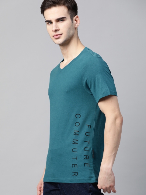 

Roadster Men Teal Blue Typography Printed Pure Cotton V-Neck T-shirt