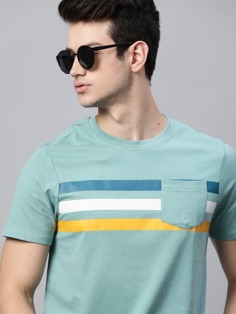 

Roadster Men Sea Green & White Pure Cotton Striped T-shirt