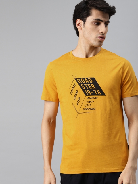 

Roadster Men Mustard Yellow Black Pure Cotton Brand Logo Pure Cotton T-shirt