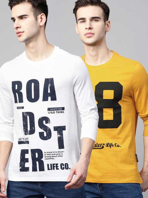 

Roadster Men White & Mustard Yellow Brand Logo 2 Printed T-shirts