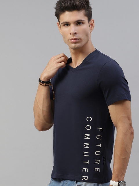 

Roadster Men Navy Blue & White Typography Printed Pure Cotton V-Neck T-Shirt