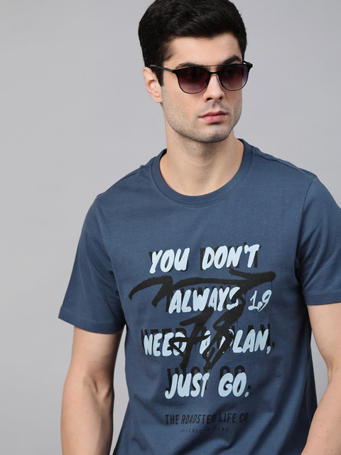 

Roadster Men Teal Blue Pure Cotton Typography Printed T-shirt