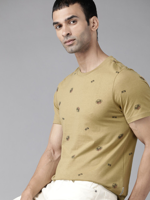

Roadster Men Beige & Black Brand Logo Printed Cotton T-shirt