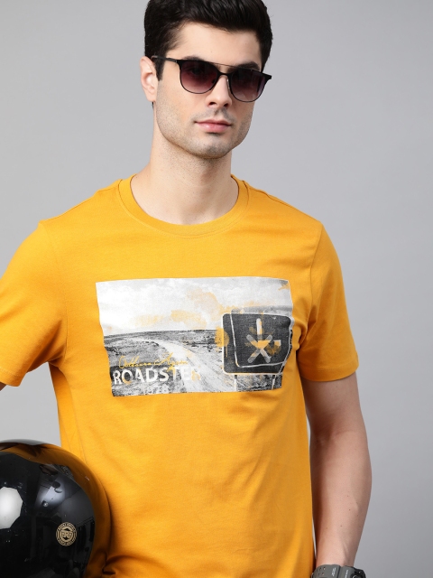 

Roadster Men Mustard Yellow & Grey Brand Logo Printed Pure Cotton T-shirt