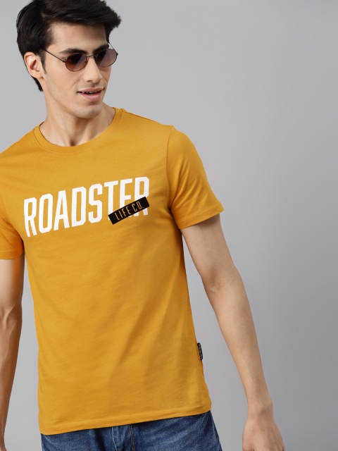 

Roadster Men Mustard Yellow White Brand Logo Printed Pure Cotton T-shirt