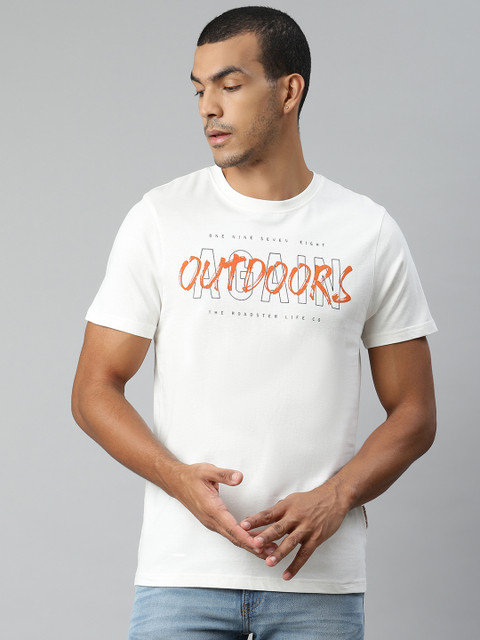 

Roadster Men White & Orange Printed Pure Cotton Round Neck T-shirt