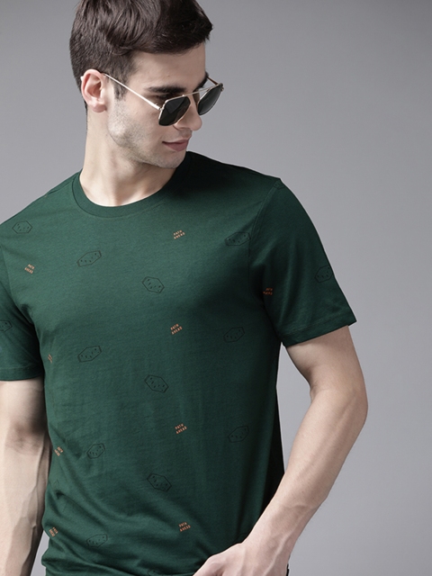 

Roadster Men Teal Green & Black Pure Cotton Printed T-shirt
