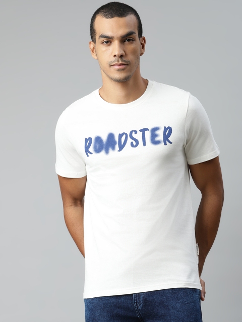 

Roadster Men White & Navy Blue Printed Pure Cotton Round Neck T-shirt