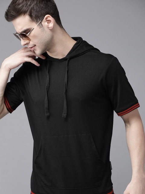 

Roadster Men Black Solid Hooded Cotton T-shirt