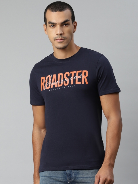 

Roadster Men Navy Blue Orange Printed Round Neck Pure Cotton T-shirt