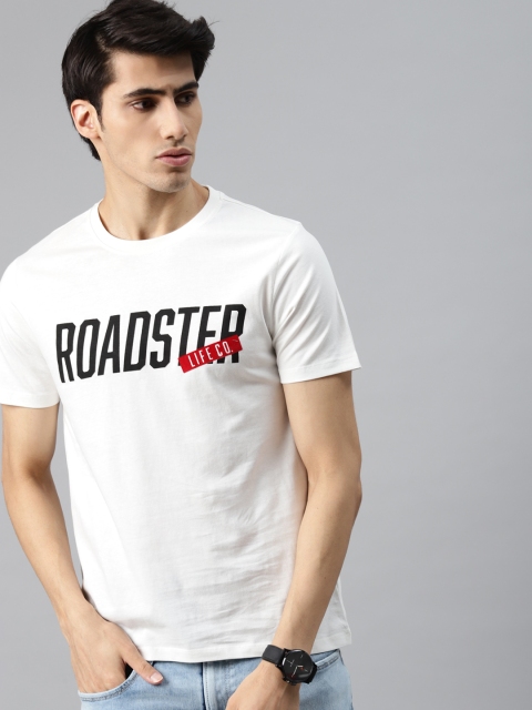 

Roadster Men White Brand Logo Printed Pure Cotton T-shirt